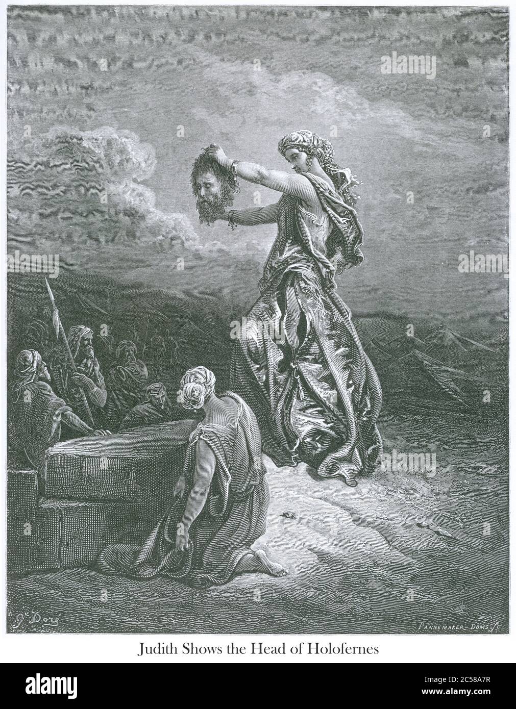 Judith mostra il capo di Holofernes [Giuditta 13:14] dal libro 'la Galleria della Bibbia' illustrato da Gustave Dore con memorie di Dore e lettera-stampa descrittiva di Talbot W. Chambers D.D. Pubblicato da Cassell & Company Limited a Londra e contemporaneamente da Mame a Tours, Francia nel 1866 . Il Libro della Giuditta è un libro deuterocanonico, incluso nel Settimo e nel Vecchio Testamento cristiano ortodosso cattolico e orientale della Bibbia, ma escluso dal canone ebraico Foto Stock