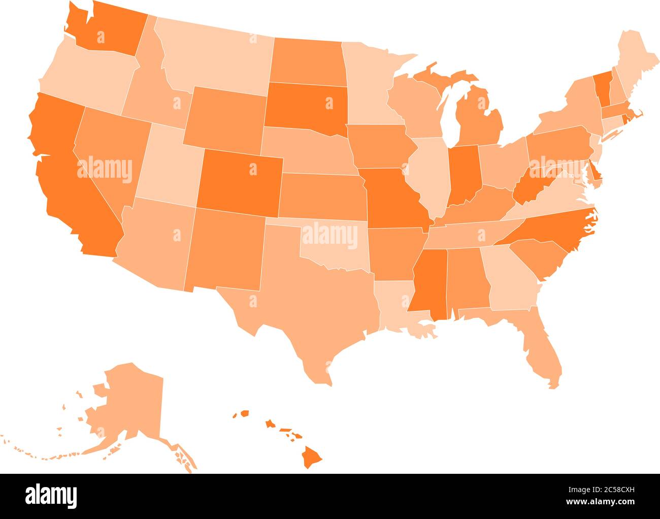 Mappa vuota degli stati Uniti d'America. Illustrazione vettoriale in tonalità arancioni su sfondo bianco. Illustrazione Vettoriale