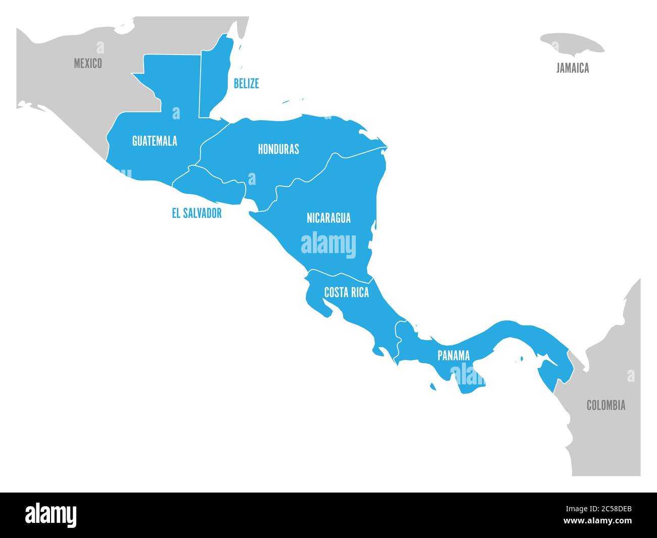 Mappa della regione dell'America Centrale con gli stati dell'america Centrale evidenziati in blu. Etichette del nome del paese. Semplice illustrazione vettoriale piatta. Illustrazione Vettoriale