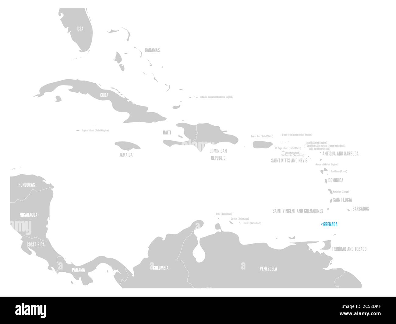 Grenada blu segnato nella mappa dei Caraibi. Illustrazione vettoriale. Illustrazione Vettoriale