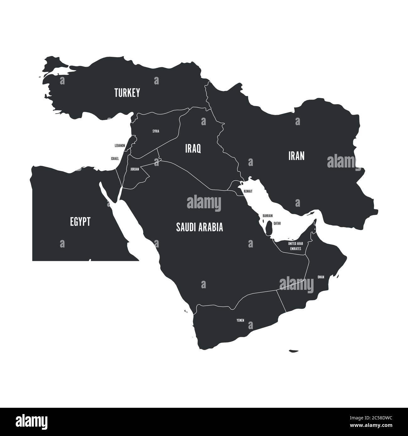 Mappa politica del Medio Oriente, o del Vicino Oriente, in grigio. Semplice immagine vettoriale piatta. Illustrazione Vettoriale