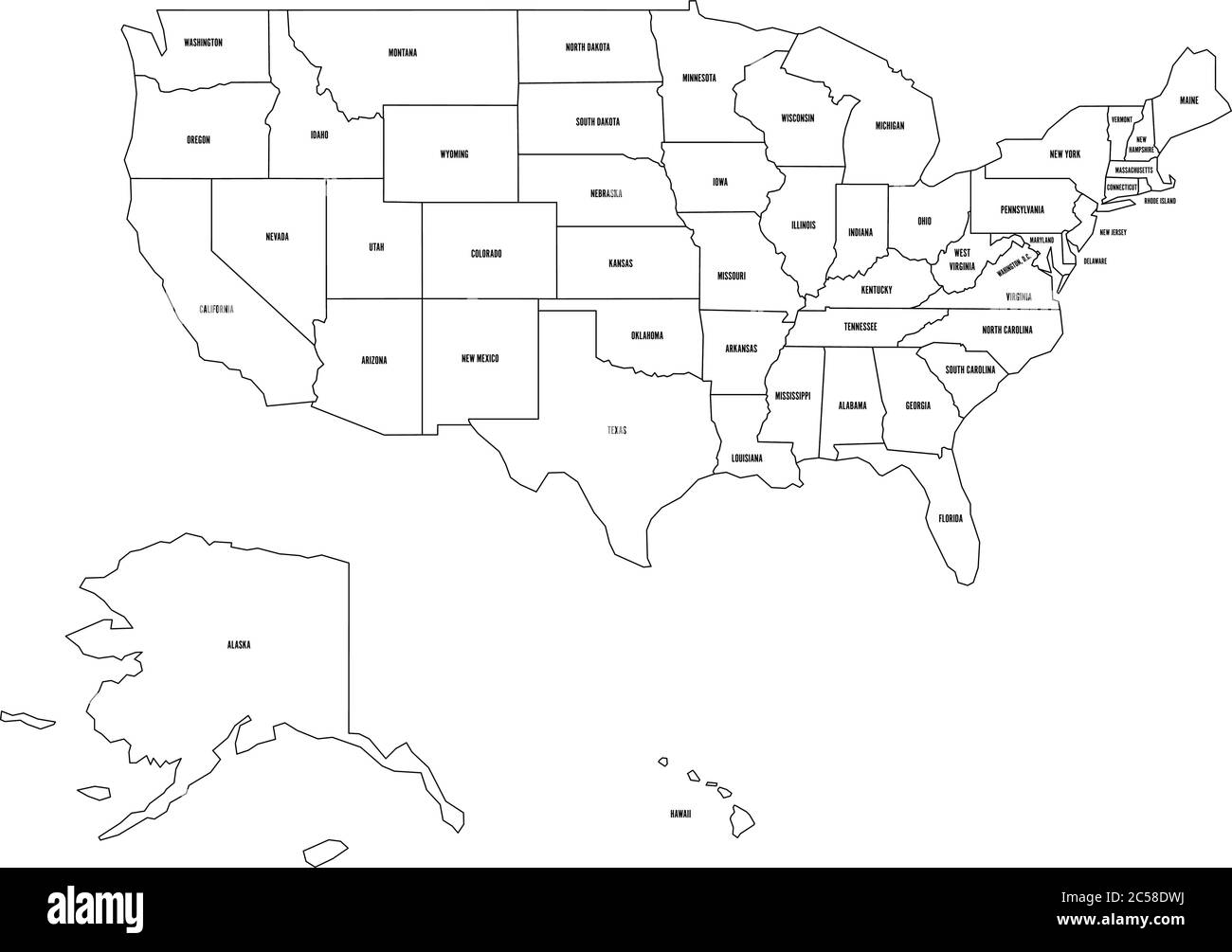 Mappa politica degli Stati Uniti d'America, USA. Semplice mappa vettoriale a contorno nero piatto con etichette nere su sfondo bianco. Illustrazione Vettoriale