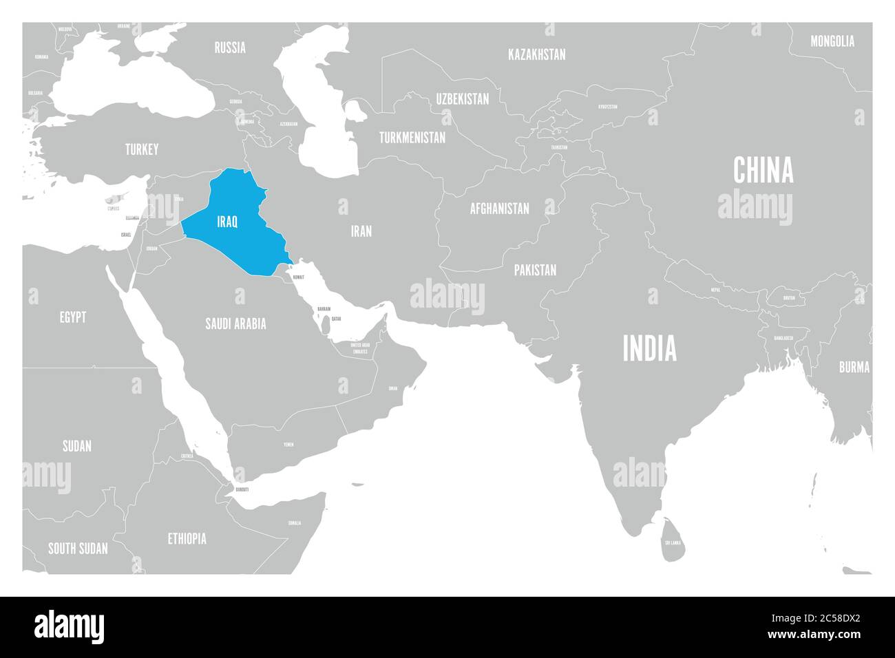 Iraq segnato blu nella mappa politica del Sud Asia e del Medio Oriente. Semplice mappa vettoriale piatta. Illustrazione Vettoriale