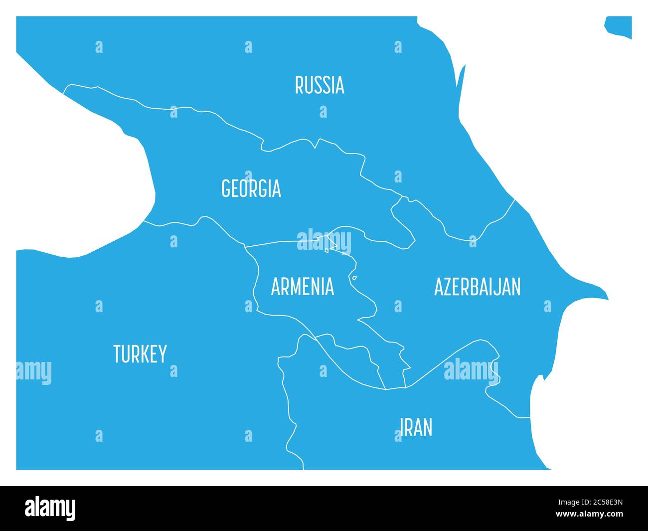 Mappa della regione caucasica con gli stati di Georgia, Armenia, Azerbaigian, Russia Turchia e Iran. Mappa blu piatta con confini e etichette bianche. Illustrazione Vettoriale