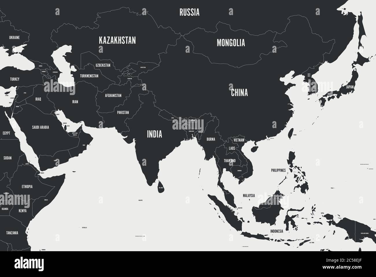 Mappa politica dell'Asia occidentale, meridionale e orientale in grigio. Stile moderno semplice illustrazione vettoriale piatta. Illustrazione Vettoriale