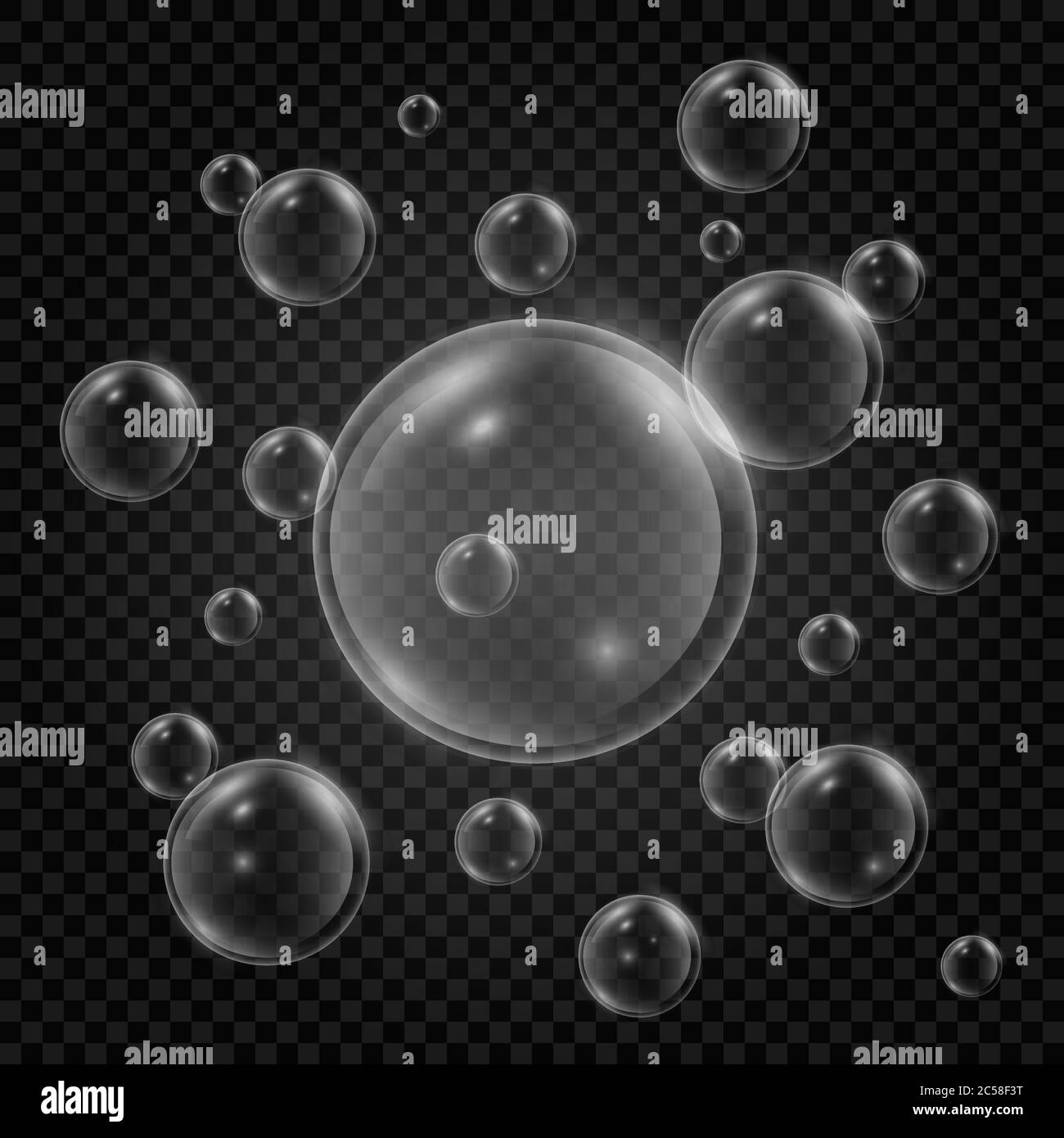 Set di bolle d'acqua con riflesso su sfondo trasparente. Bolle subacquee realistiche. bolla 3d. Bolle d'aria a zizzatura. Illustrazione vettoriale. Illustrazione Vettoriale