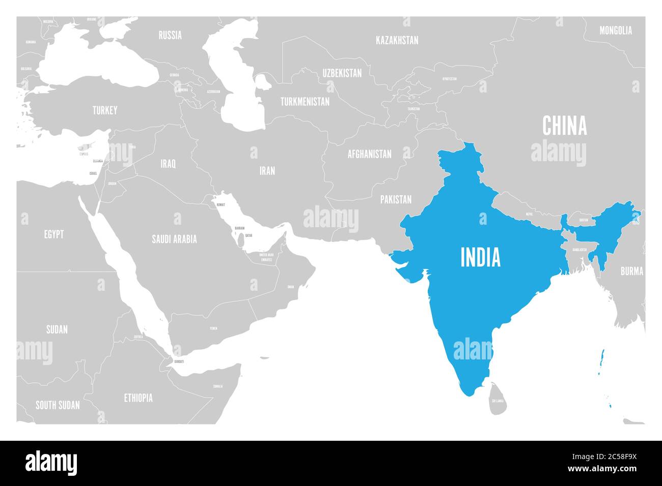 India blu segnato nella mappa politica del Sud Asia e Medio Oriente. Semplice mappa vettoriale piatta. Illustrazione Vettoriale