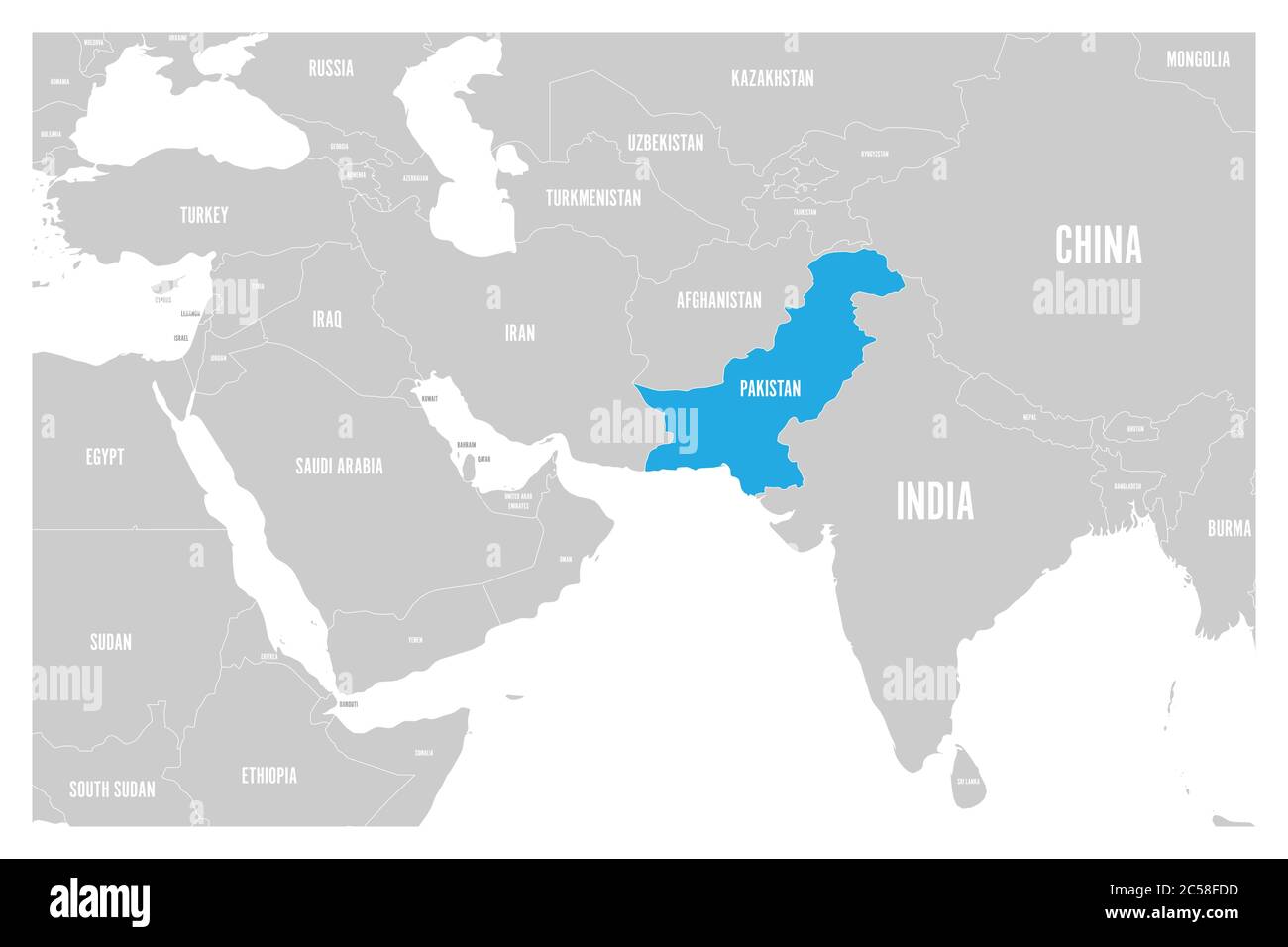 Pakistan contrassegnato in blu nella mappa politica del Sud Asia e del Medio Oriente. Semplice mappa vettoriale piatta. Illustrazione Vettoriale