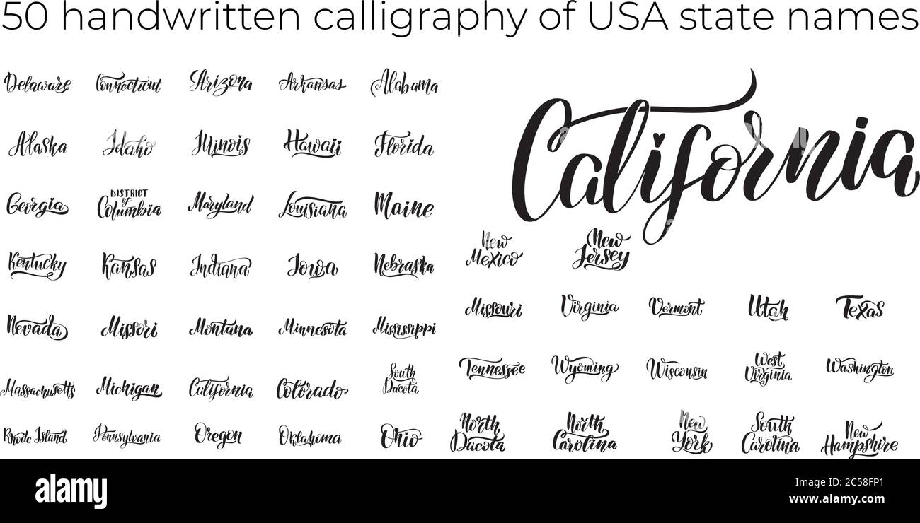 Elenco degli stati Uniti d'America con nomi di stato. Illustrazione Vettoriale