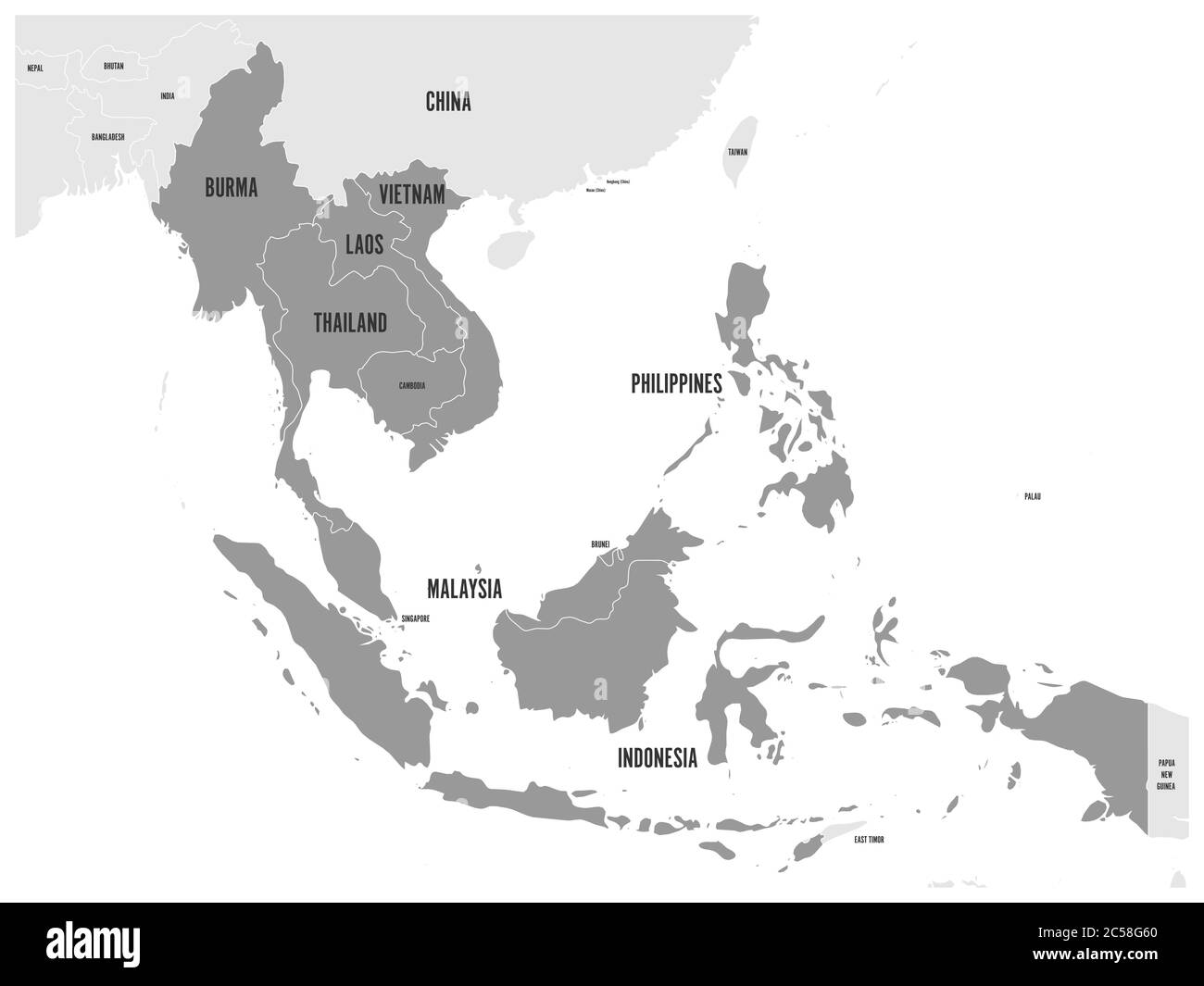 Comunità economica ASEAN, AEC, mappa. Mappa dei grigi con i paesi membri evidenziati in grigio scuro, Sud-est asiatico. Illustrazione vettoriale. Illustrazione Vettoriale