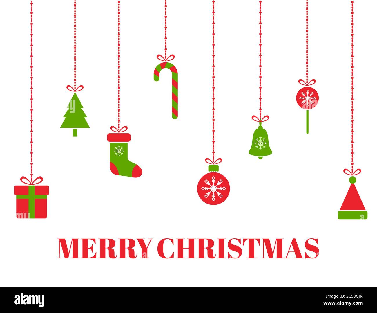 Allegro biglietto d'auguri natalizio con giocattoli di natale appesi, albero, scatole regalo, fiocchi di neve, palle di Natale, cappello di santa, campana, nastro, caramelle. Vettore Illustrazione Vettoriale