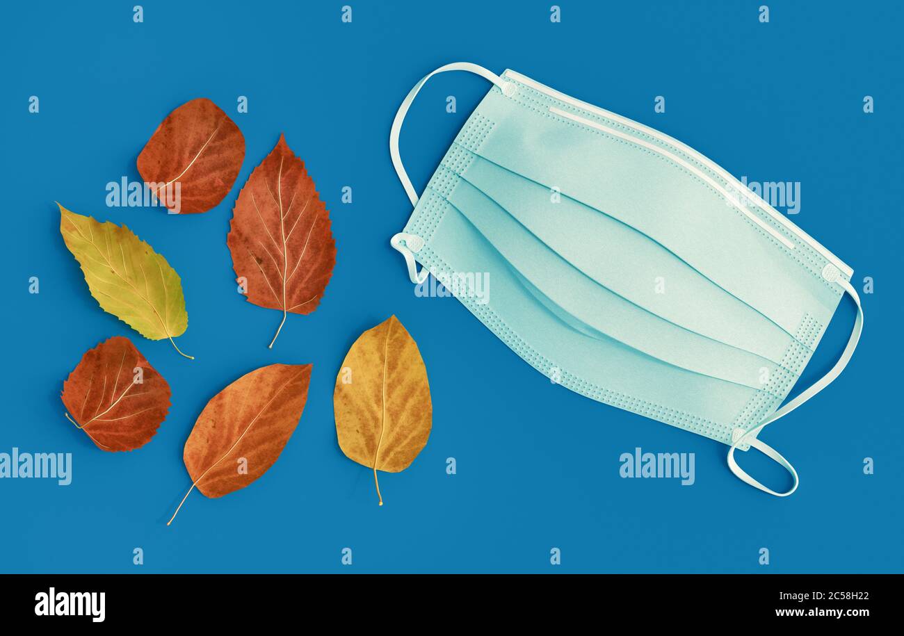 Maschera protettiva monouso e foglie autunnali gialle su sfondo blu, rendering 3d Foto Stock