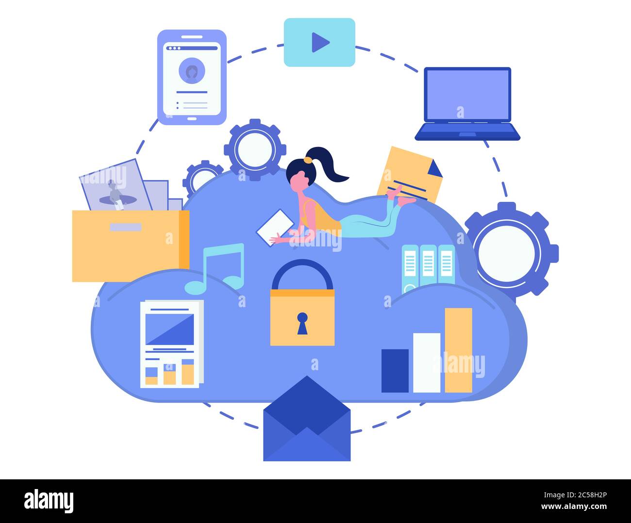 Archiviazione cloud. Concetto di sicurezza dei dati. Cloud computing. Illustrazione di computer Device Vector. Illustrazione Vettoriale