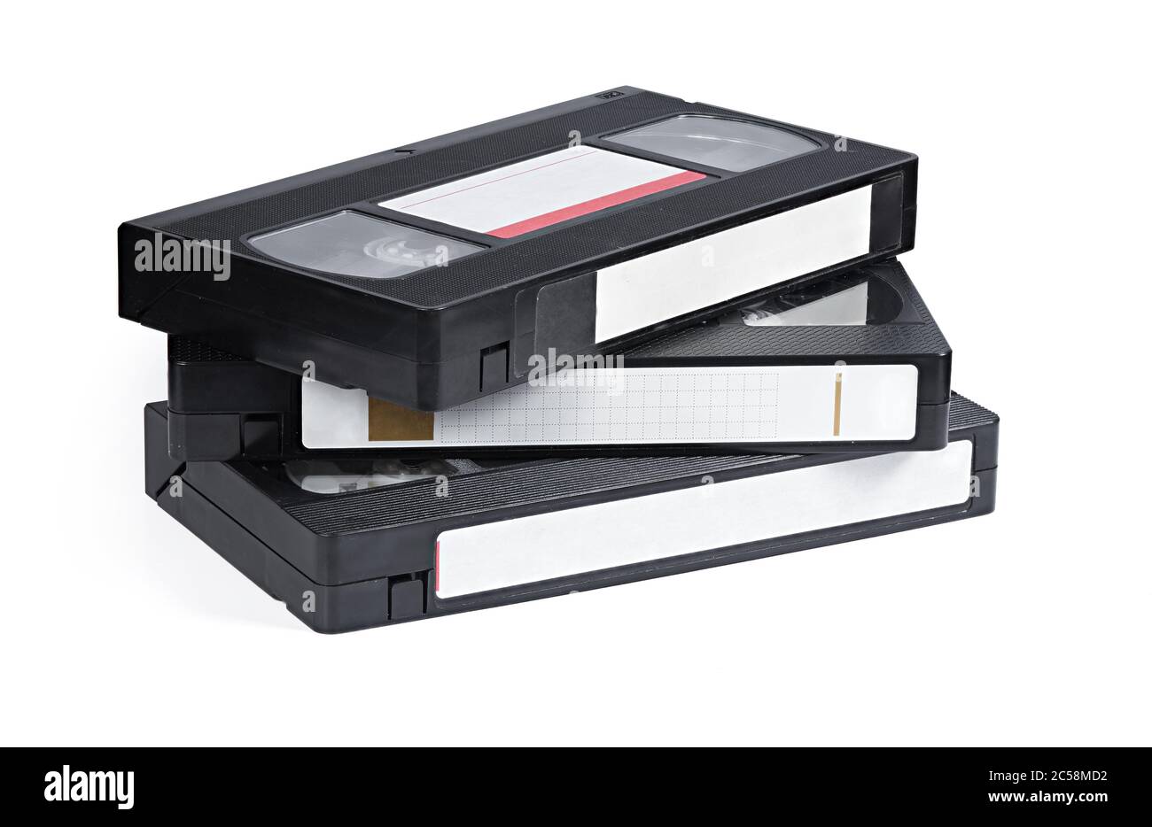 Vecchie videocassette VHS isolate su sfondo bianco Foto Stock