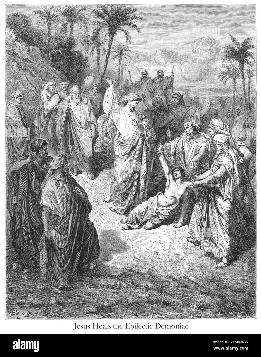 Gesù guarisce il Lunatico o Gesù guarisce il demonio epilettico [Matteo 17:14-15] dal libro 'la Galleria della Bibbia' illustrato da Gustave Dore con memorie di Dore e Letter-press descrittivo di Talbot W. Chambers D.D. Pubblicato da Cassell & Company Limited a Londra e contemporaneamente da Mame a Tours, Francia nel 1866 Foto Stock