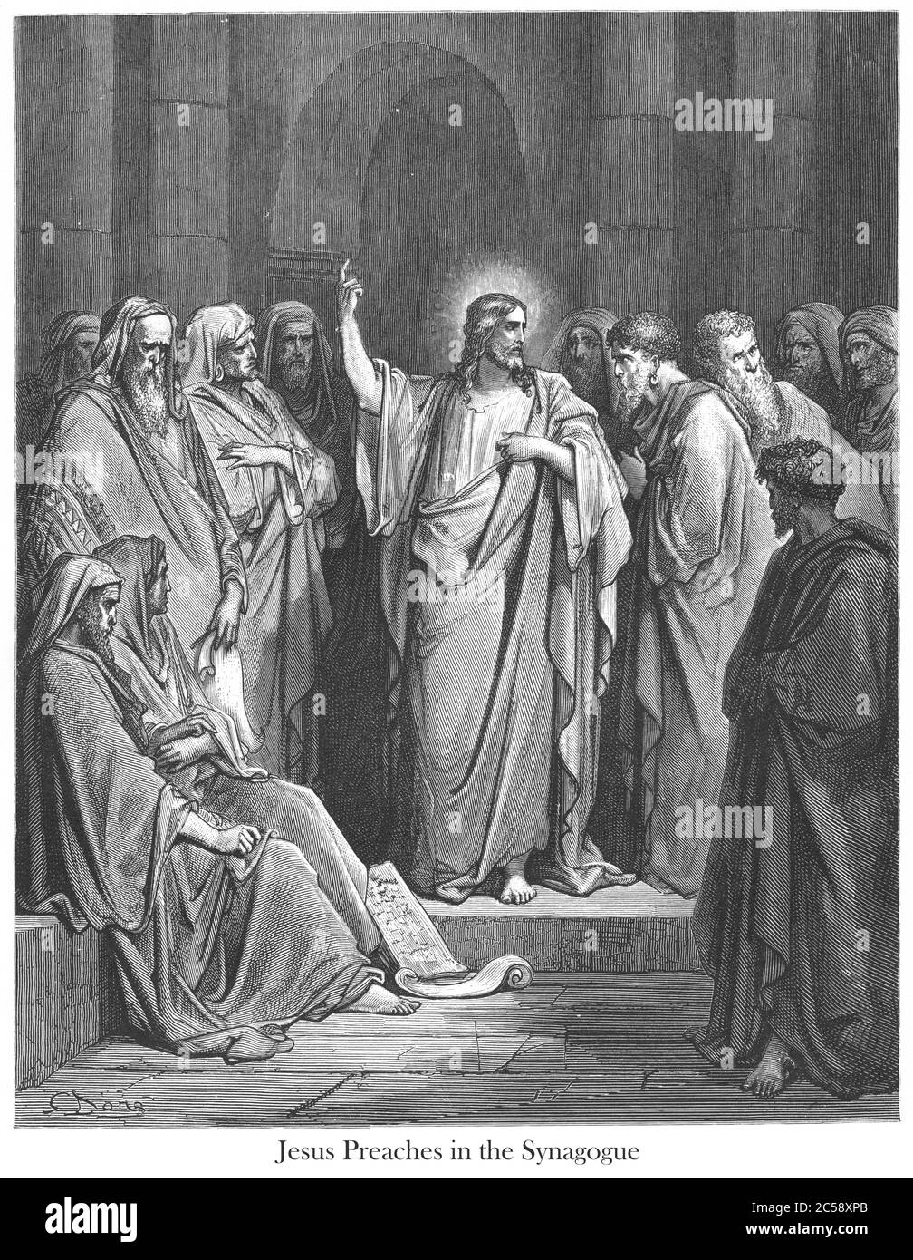 Cristo predicando nella sinagoga [Matteo 13:54] dal libro 'la Galleria della Bibbia' illustrato da Gustave Dore con memorie di Dore e Letter-press descrittivo di Talbot W. Chambers D.D. Pubblicato da Cassell & Company Limited a Londra e contemporaneamente da Mame a Tours, Francia nel 1866 Foto Stock