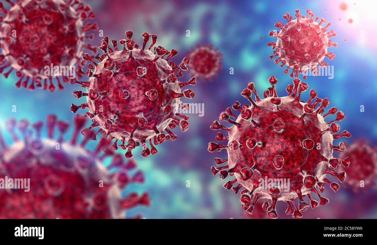 Coronavirus COVID-19 virus microscopico malattia del virus corona illustrazione 3d. Rendering 3D del virus su sfondo blu e rosso. Foto Stock