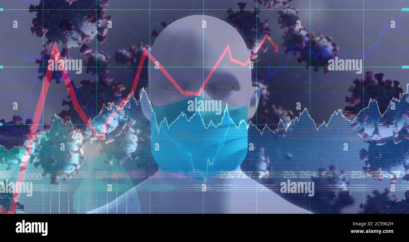 Elaborazione dati di celle e stock market Covid-19 contro il modello 3D di testa umana che indossa la maschera facciale Foto Stock