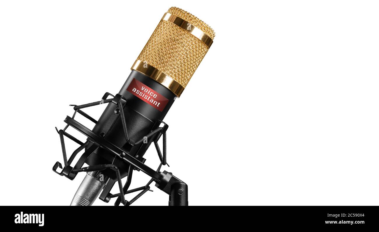 Microfono da studio isolato su bianco. Assistente personale e concetto di riconoscimento vocale Foto Stock