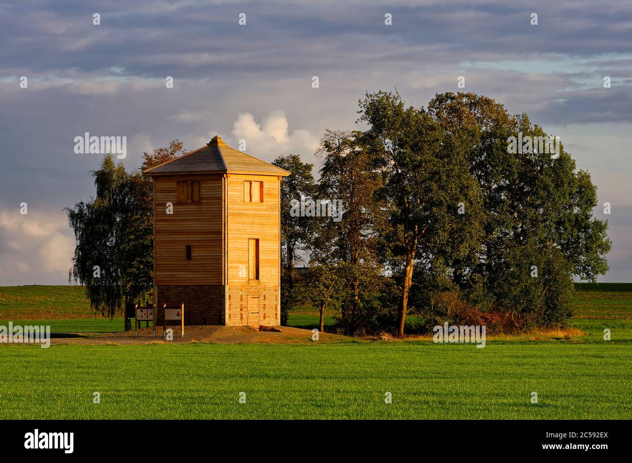 Ricostruita torre di guardia romana dei Limes Odenwald vicino Vielbrunn (parte di Michelstadt), Odenwald, Assia, Germania Foto Stock