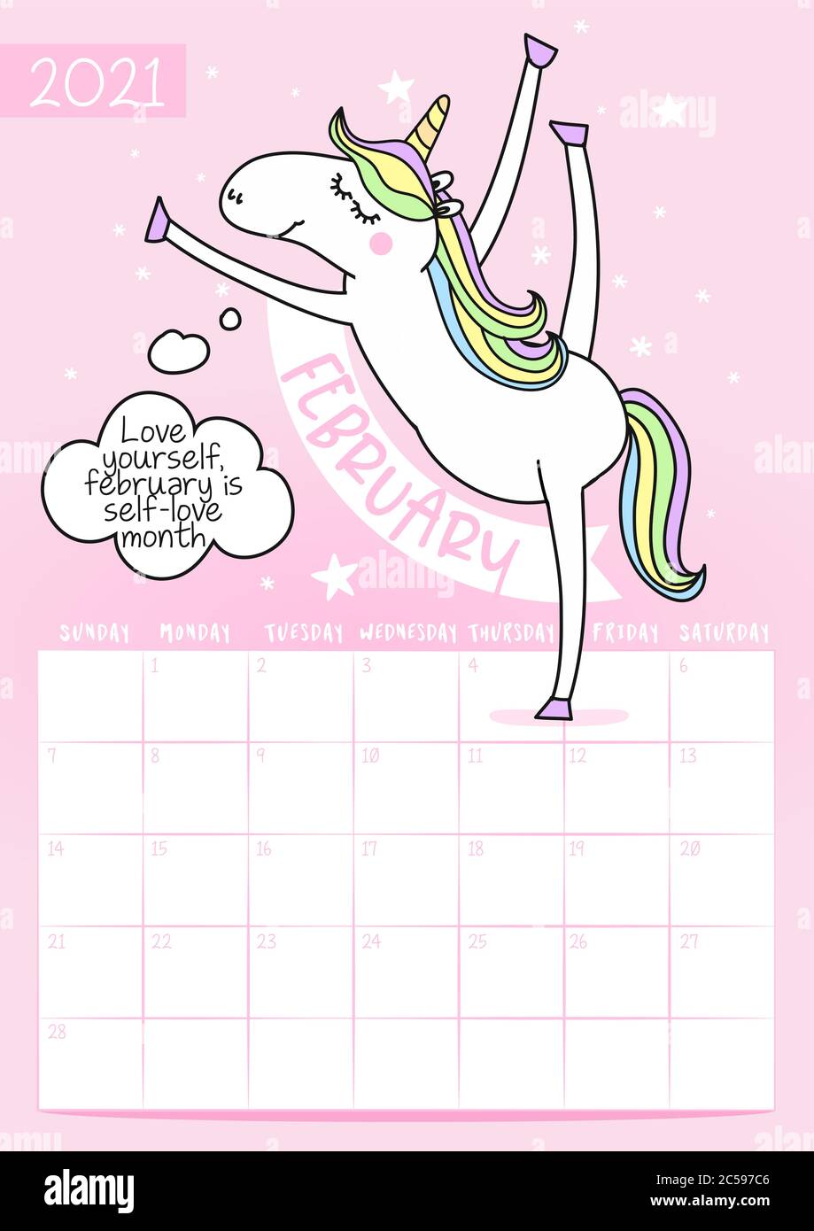 2021 febbraio calendario con calligraphy frase e unicorn doodle: Amore te, febbraio è mese di auto-amore. Calendario da tavolo, progettazione pianificatore, settimana Illustrazione Vettoriale