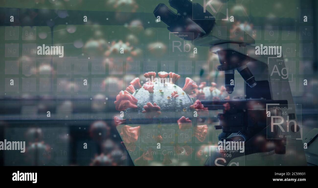 Cellule Covid-19 contro microscopio in background Foto Stock