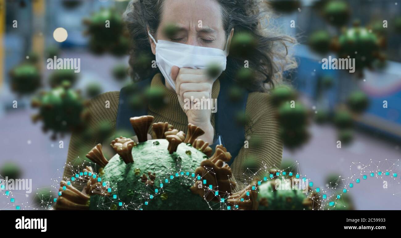 Covid-19 cellule contro la donna che indossa maschera tosse Foto Stock