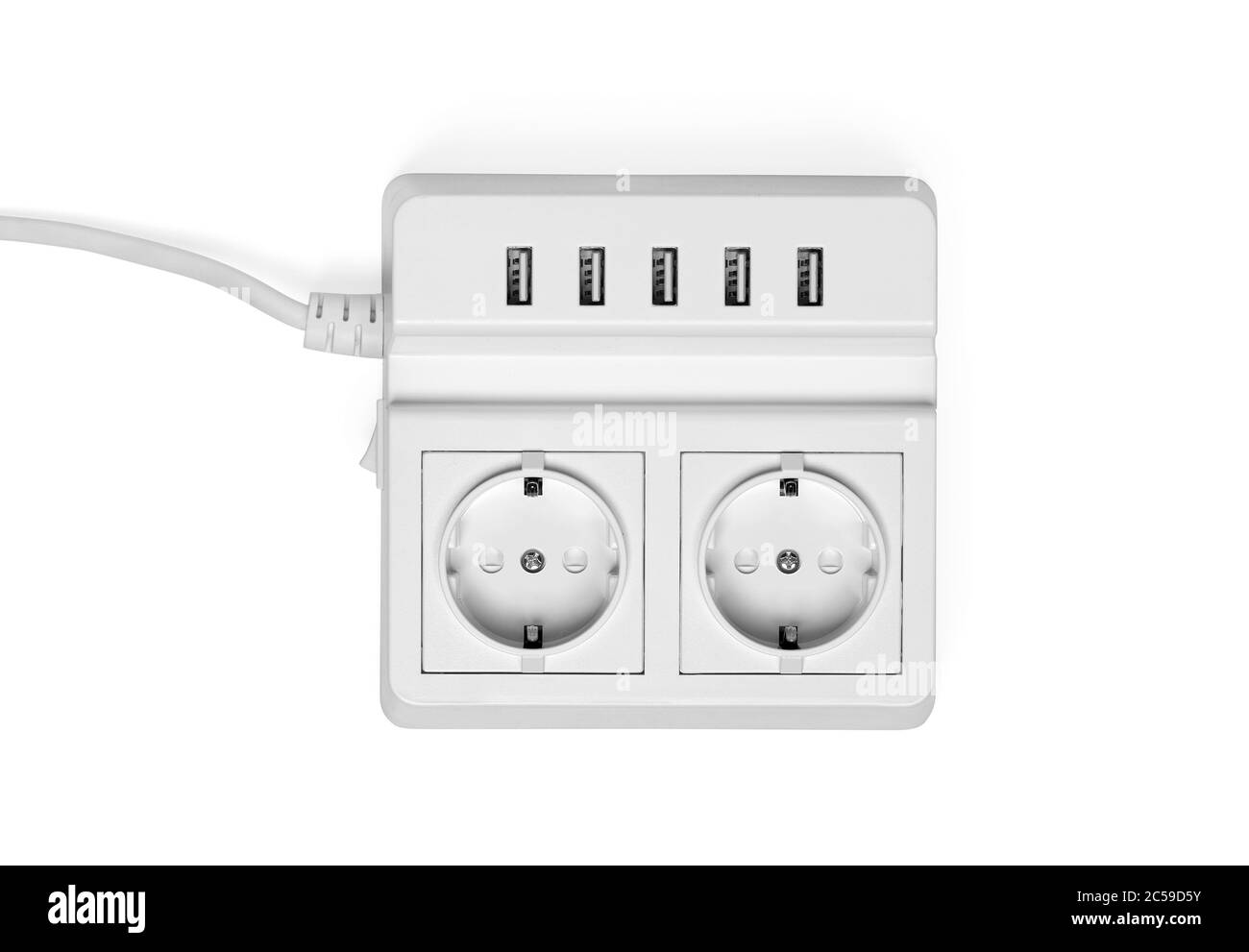 Presa di alimentazione bianca con USB a parete. Isolato con tracciato di ritaglio Foto Stock