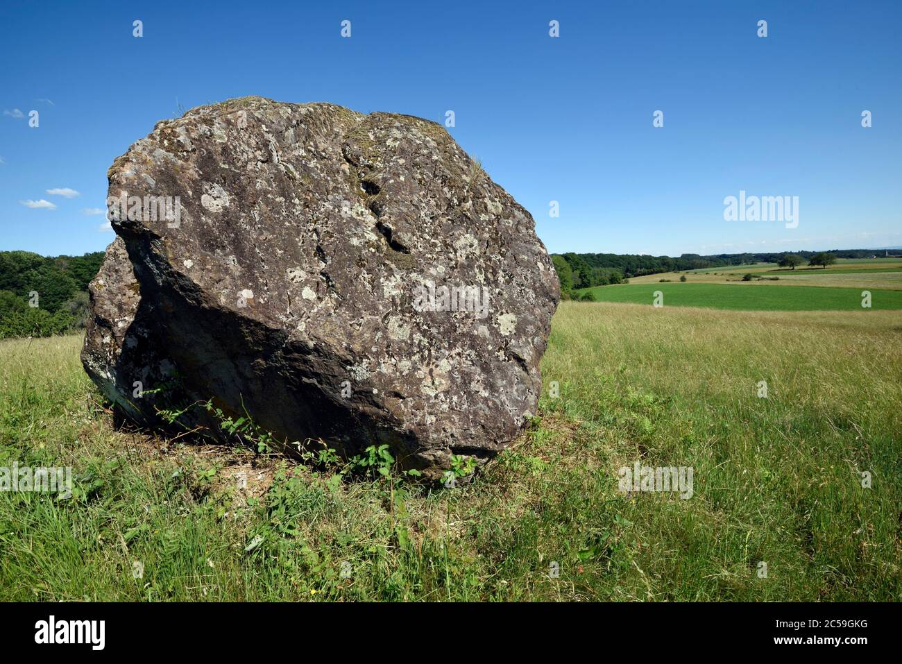 Francia, Haute Saone, Les Fessey, Pierre Mourey, un blocco megalito di origine glaciale, credenza popolare, si accende ogni cento anni Foto Stock
