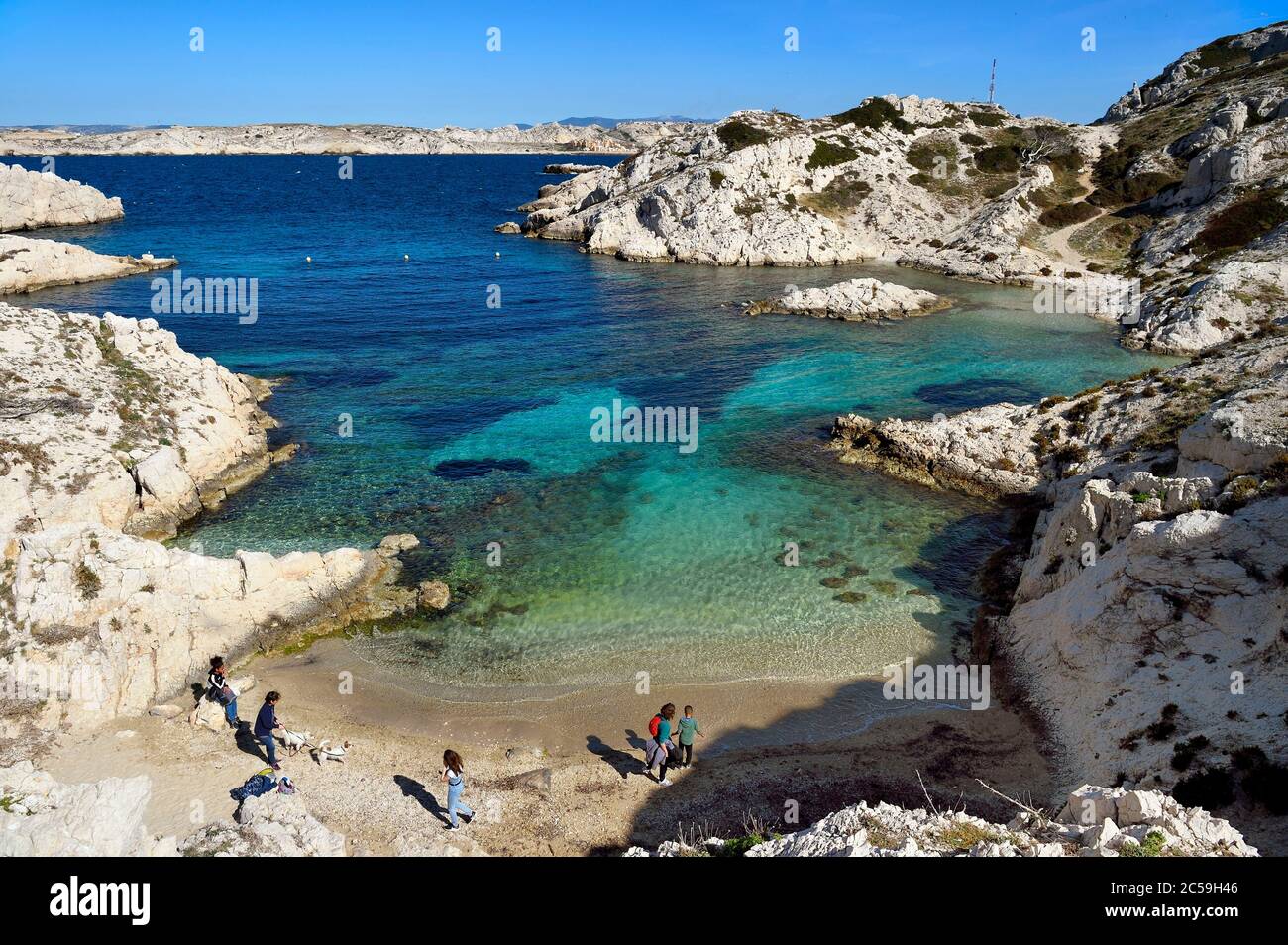 Francia, Bocche del Rodano, Marsiglia, Parco Nazionale delle Calanques, arcipelago delle isole Frioul, isola di Pomegues, calanque de la Crine (spiaggia delle crine) Foto Stock