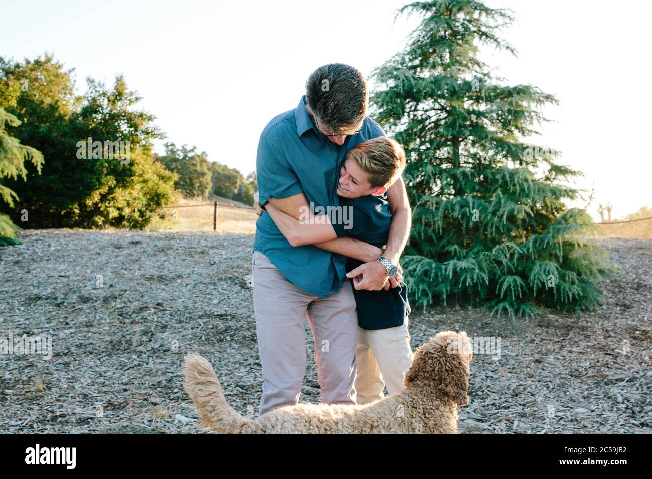 Un padre e un figlio adolescente si abbracciano mentre sono fuori con il loro Labradoodle Dog Foto Stock
