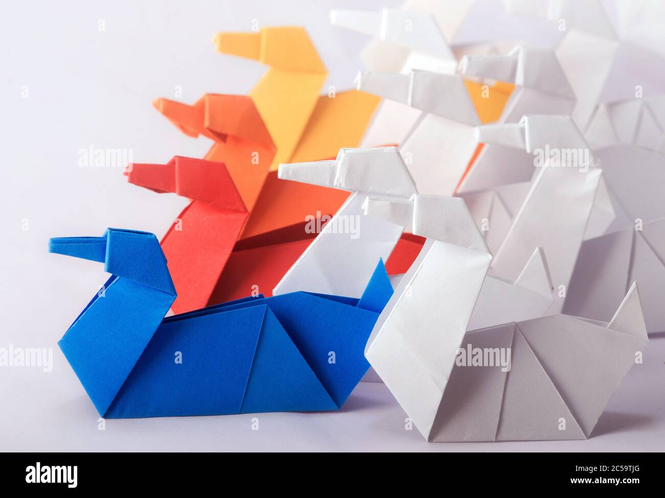 Concetto di lavoro di gruppo che utilizza diversi tipi di Swan di carta Origami. Raggiungere gli obiettivi attraverso gli sforzi collettivi di un team Foto Stock