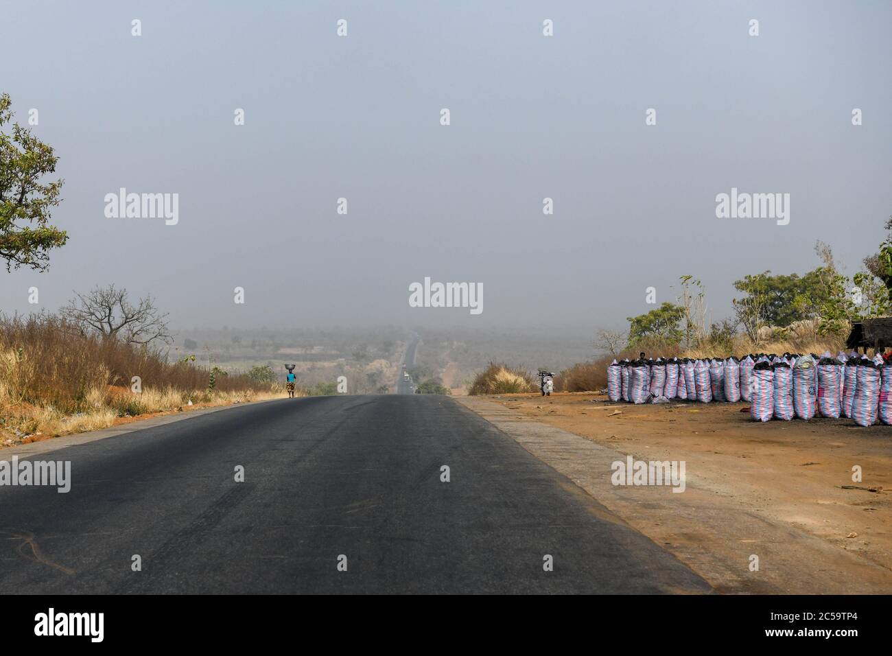 Africa, Africa occidentale, Benin, Natitinqou. Una donna cammina con un secchio sulla testa. Sulla sinistra, un commerciante di carbone sul lato della strada. Foto Stock
