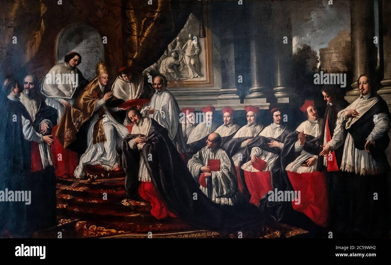 Italia Lazio Pittura di Pier Leone Ghezzi: Papa Innocenzo XI Pamphilj conferisce il cappello cardinale a Fabio Chigi, a Palazzo Braschi di Roma Foto Stock