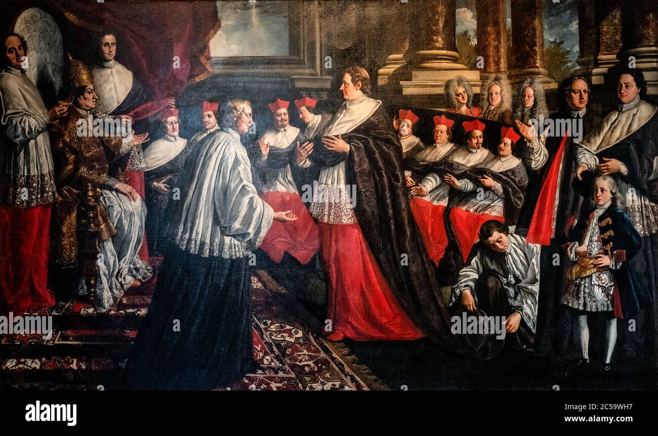 Italia Lazio Pittura di Pier Leone Ghezzi: Papa Clemente XI conferisce il cappello cardinale a Giulio Alberoni, a Palazzo Braschi di Roma Foto Stock