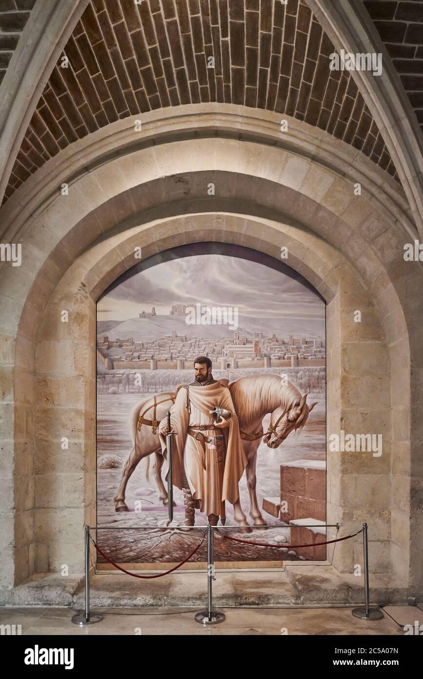 Foto con la figura della Cid la spada Tizona e con il suo cavallo Babieca de Candido Perez Palma nel chiostro inferiore della Cattedrale di Burgos Foto Stock