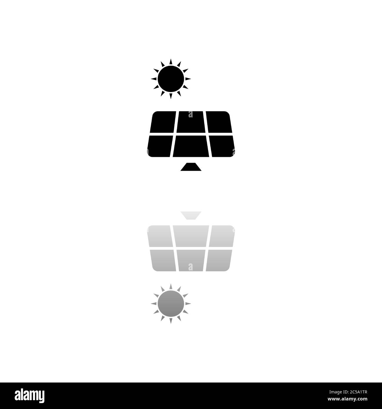Pannello solare. Simbolo nero su sfondo bianco. Illustrazione semplice. Icona vettore piatto. Specchia ombra di riflessione. Può essere utilizzato in logo, Web, cellulare e U. Illustrazione Vettoriale