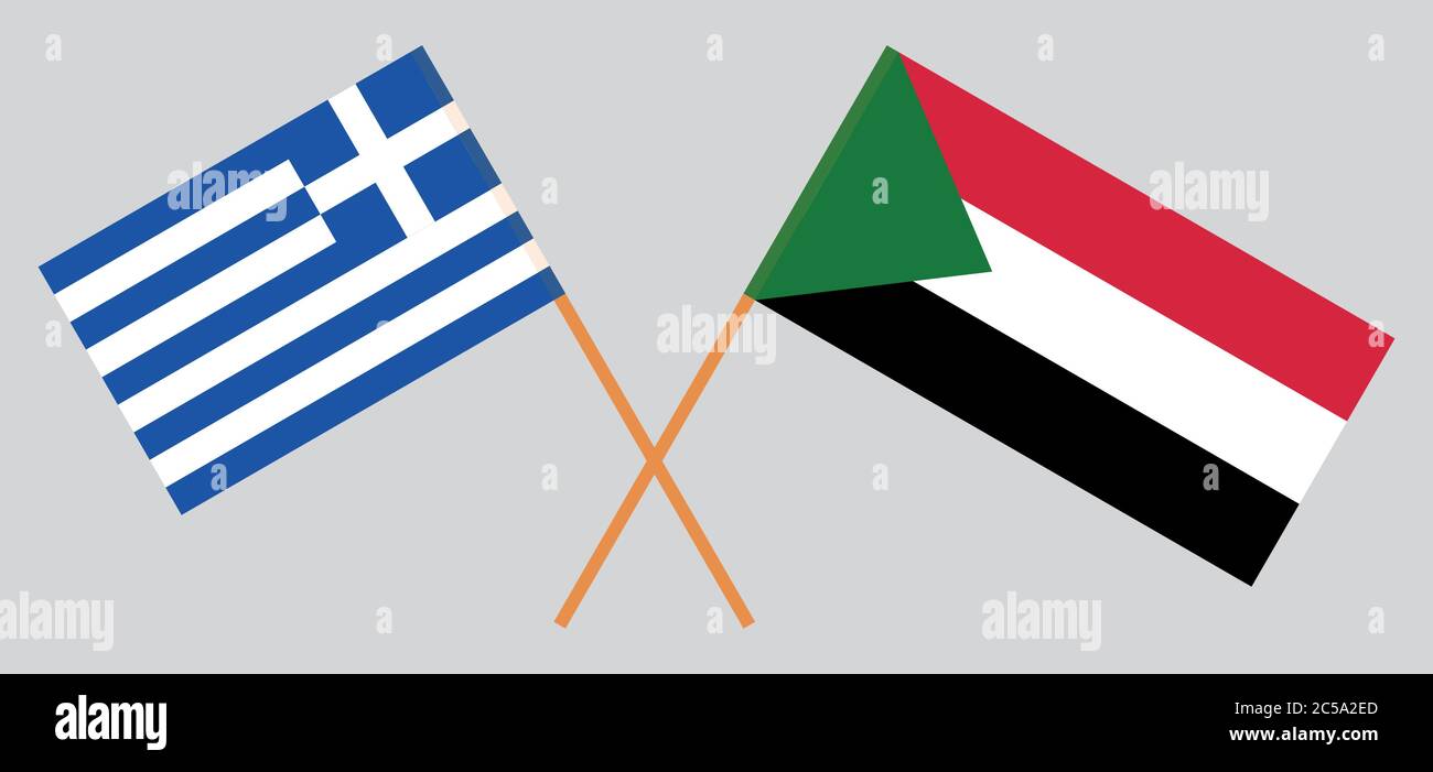 Bandiere incrociate di Sudan e Grecia. Colori ufficiali. Proporzione corretta. Illustrazione vettoriale Illustrazione Vettoriale