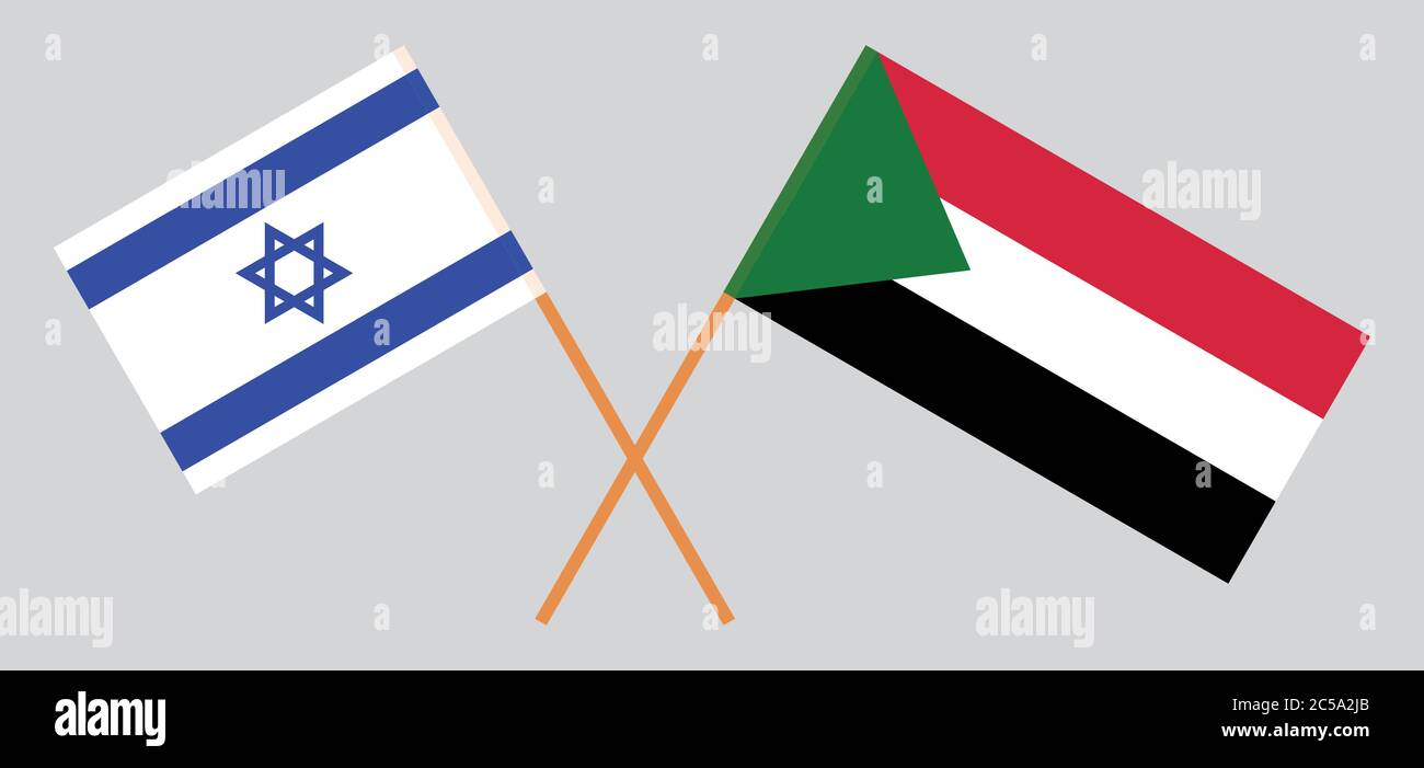 Bandiere incrociate di Sudan e Israele. Colori ufficiali. Proporzione corretta. Illustrazione vettoriale Illustrazione Vettoriale
