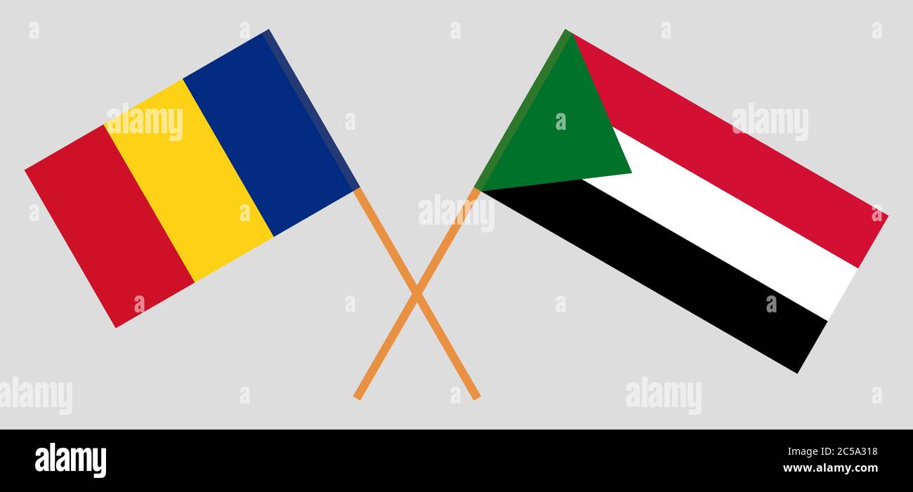 Bandiere incrociate di Sudan e Romania. Colori ufficiali. Proporzione corretta. Illustrazione vettoriale Illustrazione Vettoriale
