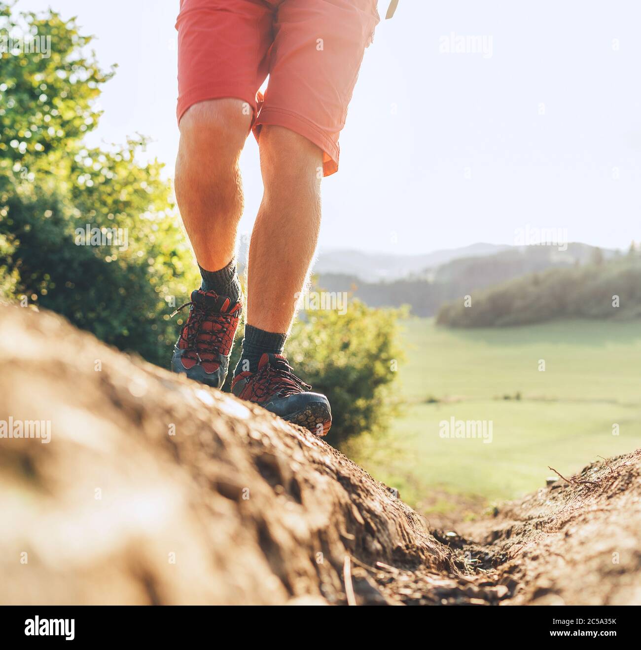 Primo piano immagine zaino in spalla piedi in scarpe da trekking su percorso di montagna sporco in estate giorno di sole. Foto Stock
