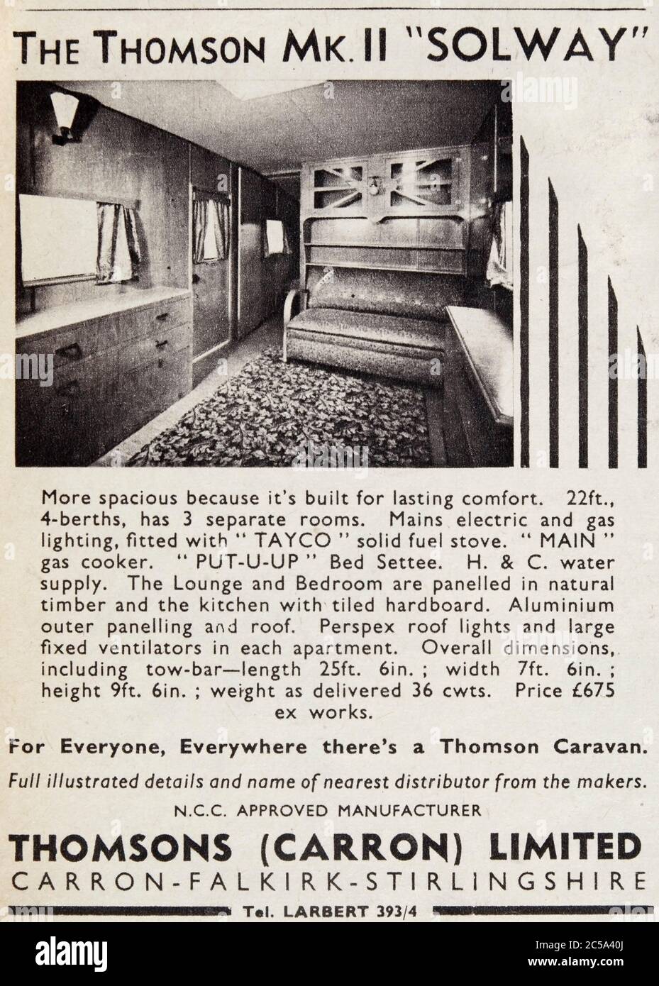Pubblicità vintage per le roulotte britanniche Thomson Solway. Foto Stock