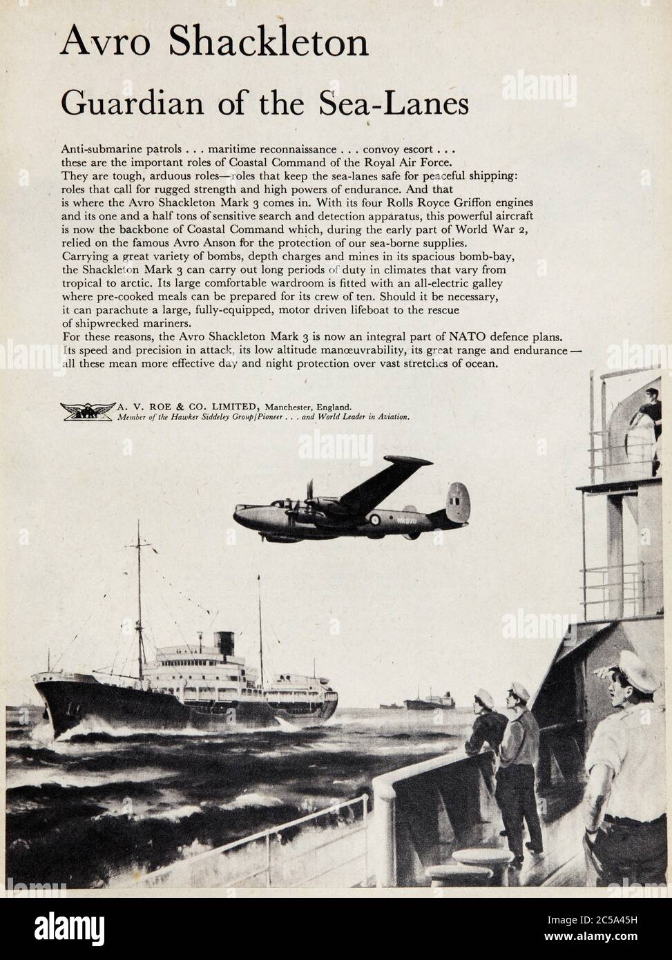 Pubblicità vintage per la pattuglia marittima britannica Avro Shackleton e velivoli militari da ricognizione. Foto Stock