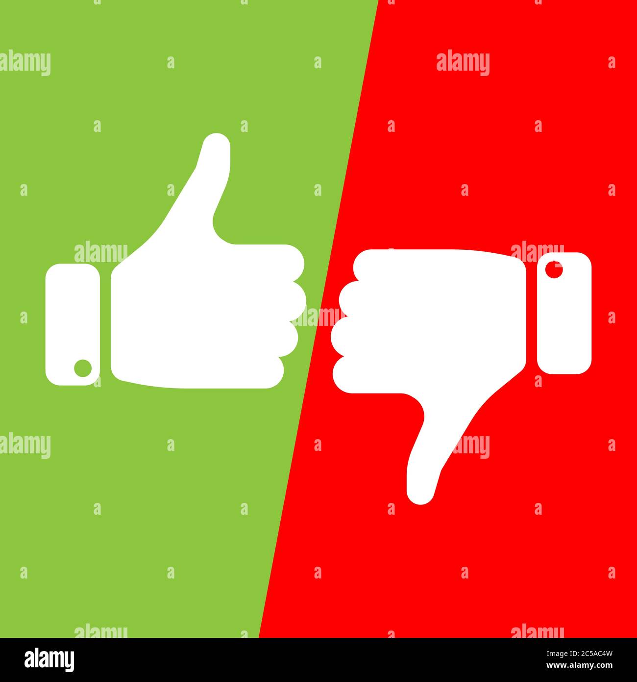 Icona di votazione con i pollici in alto nei campi rossi e verdi. Fare una scelta, sì o no, amarla o odiare, come o non gradire la vittoria o la perdita. Illustrazione vettoriale. Illustrazione Vettoriale