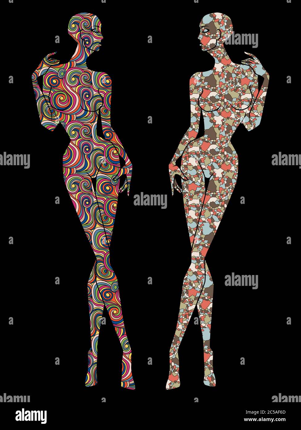 Due donne stencil corpo decorati vari modelli, isolati sullo sfondo nero Illustrazione Vettoriale
