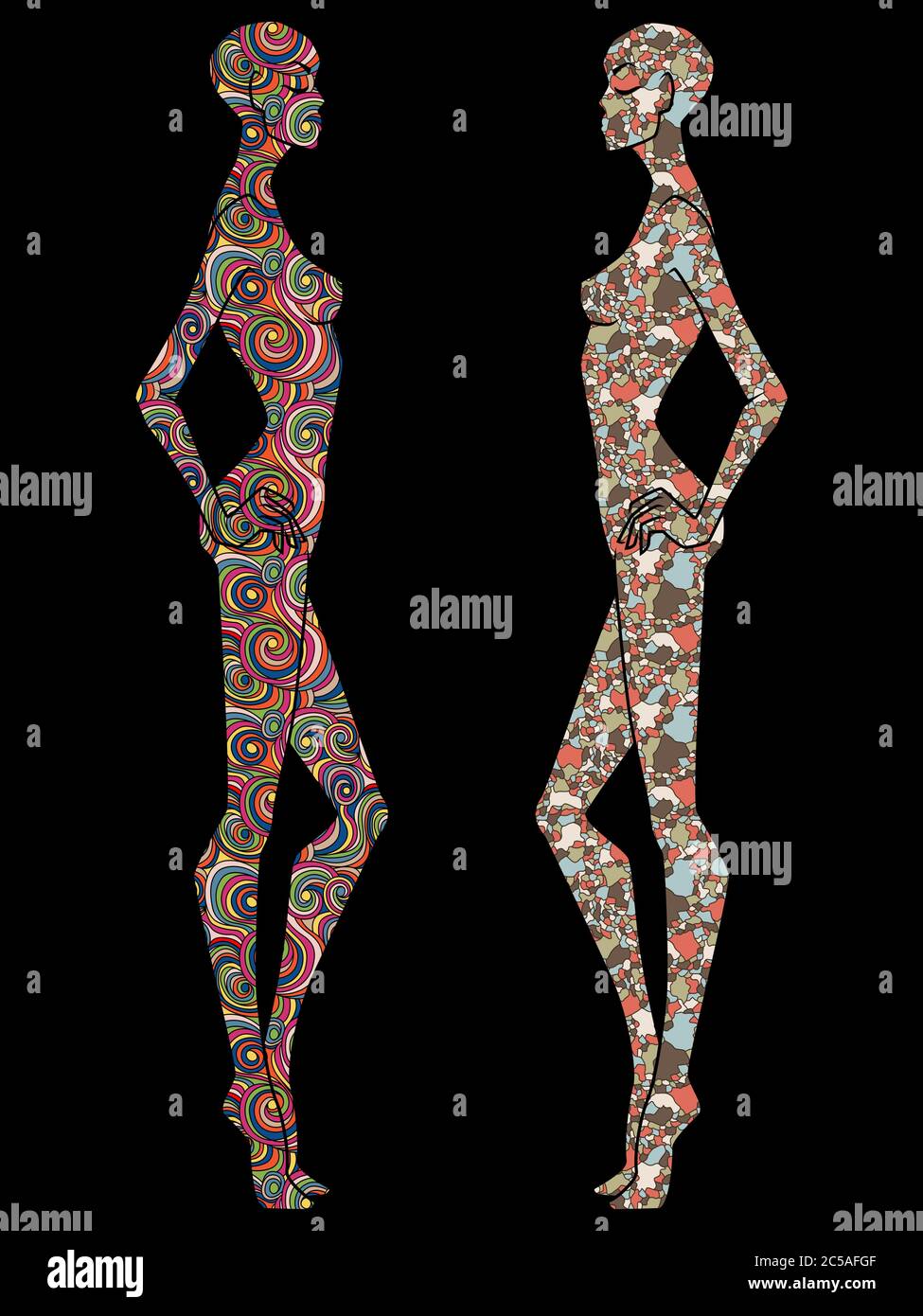 Due donne stencil corpo decorato con vari modelli, isolato sullo sfondo nero Illustrazione Vettoriale