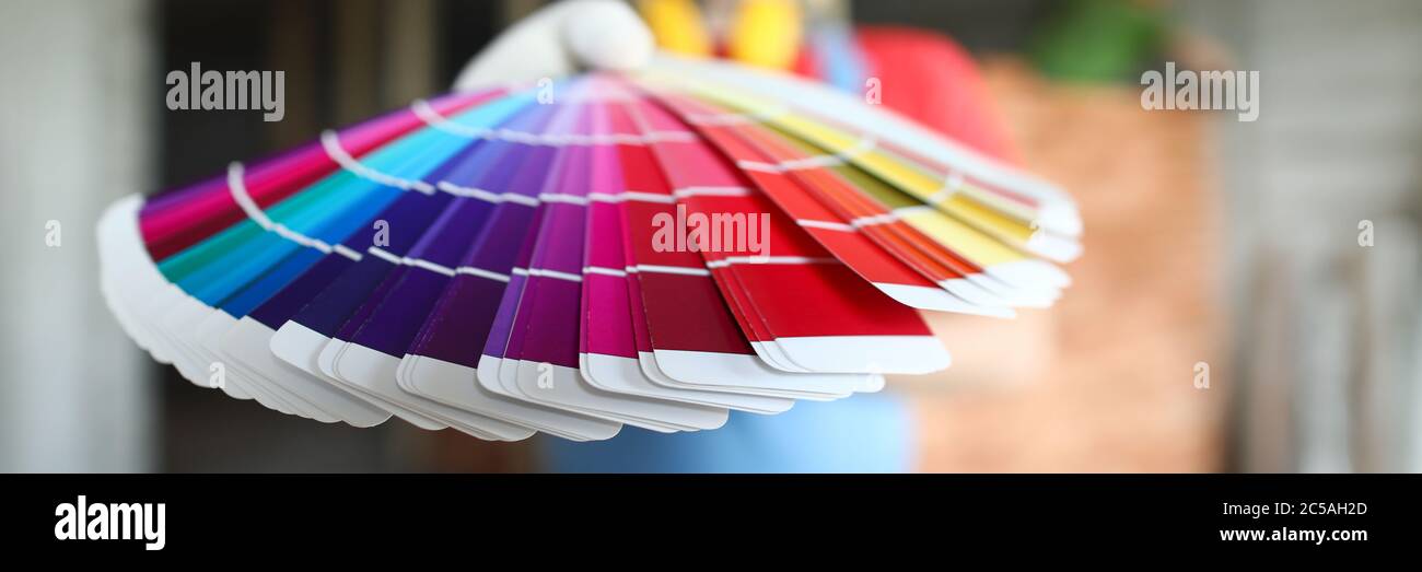 Builder tiene fuori i colori trendy della tavolozza per la riparazione Foto Stock