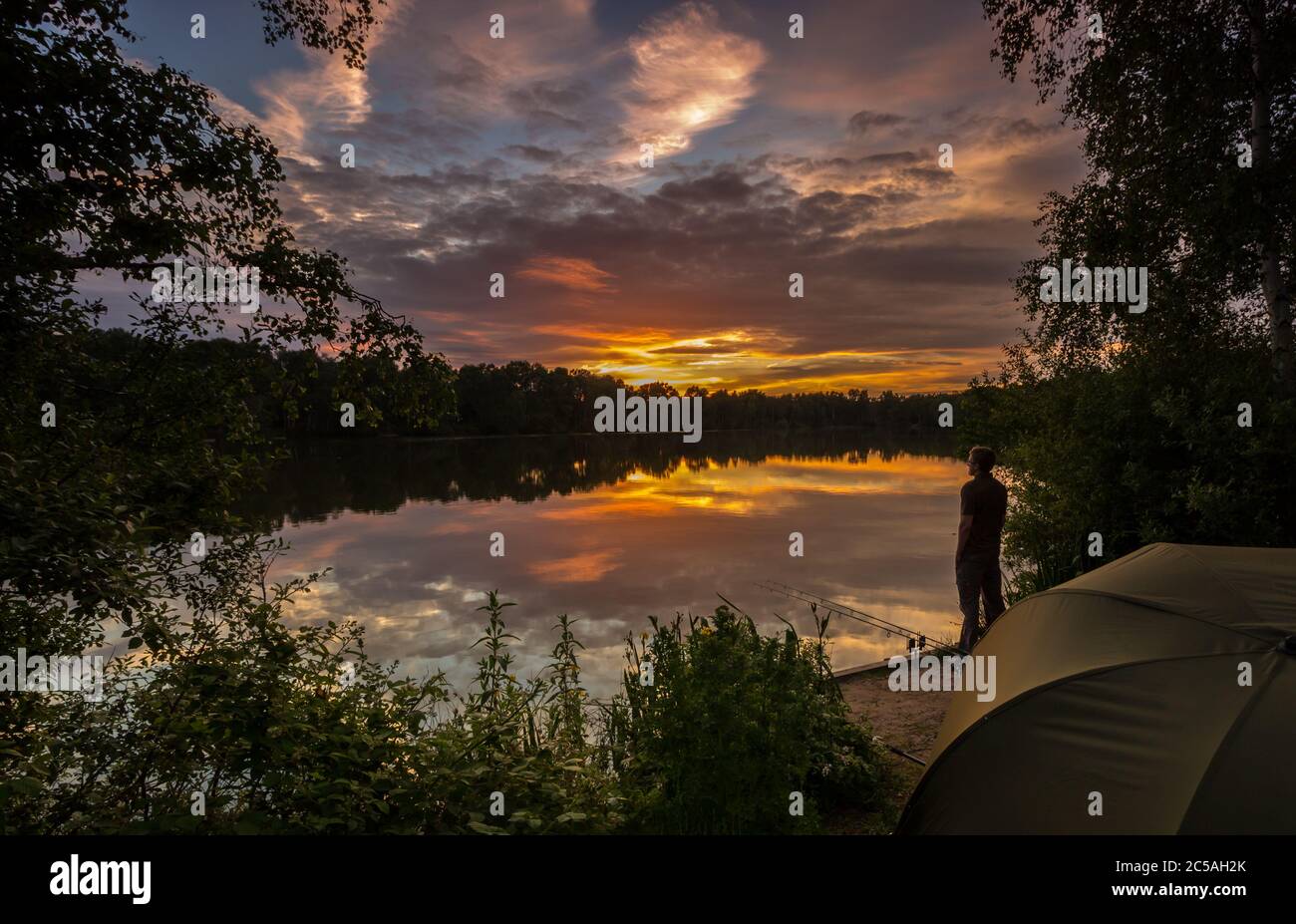 L'angler si trovava accanto alle canne da pesca, guardando il tramonto su un lago di pesca con carpe. Colori caldi dorati in un cielo estivo Foto Stock