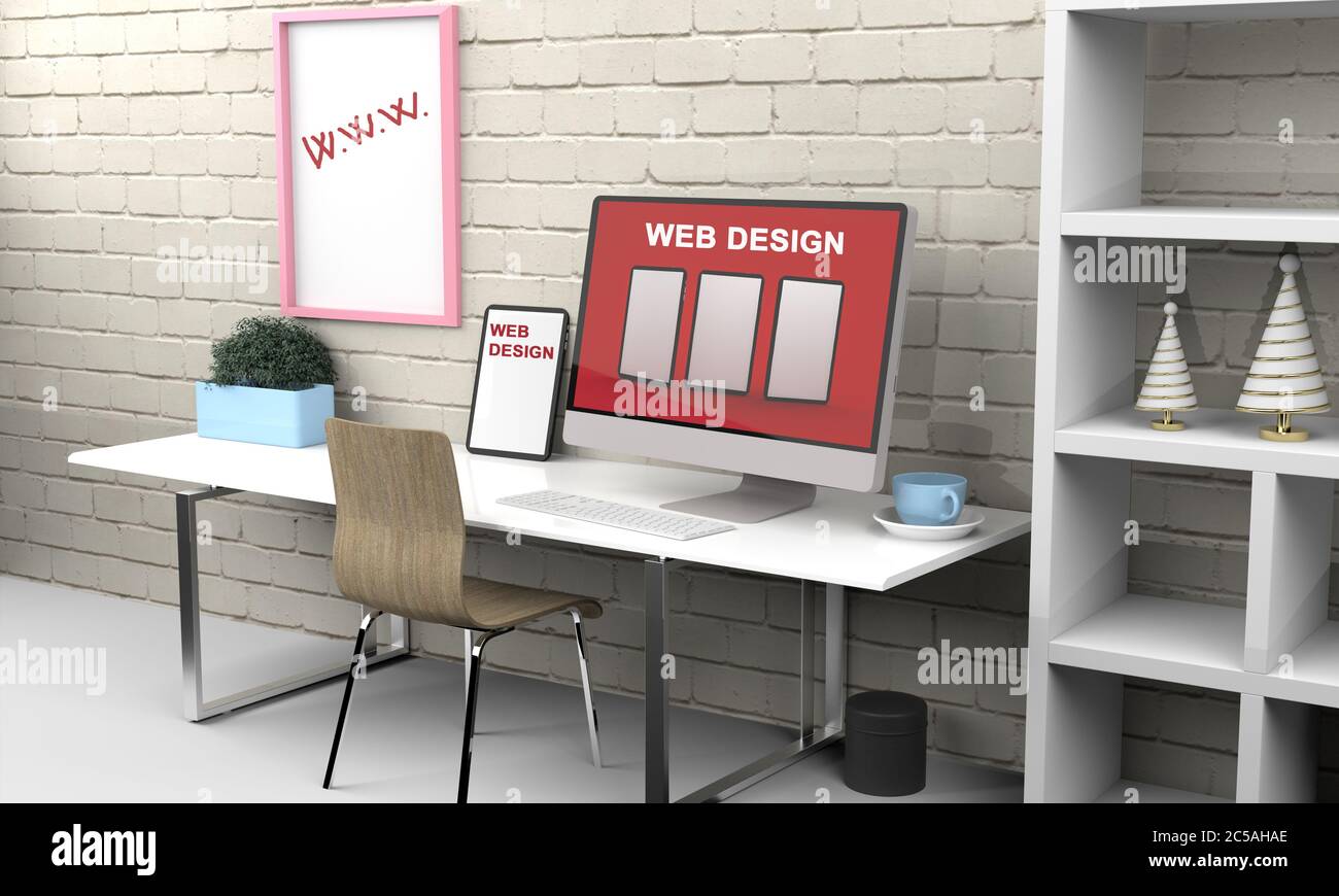 Rendering 3d di computer e tablet con visualizzazione dinamica del disegno Web. Illustrazione 3d Foto Stock