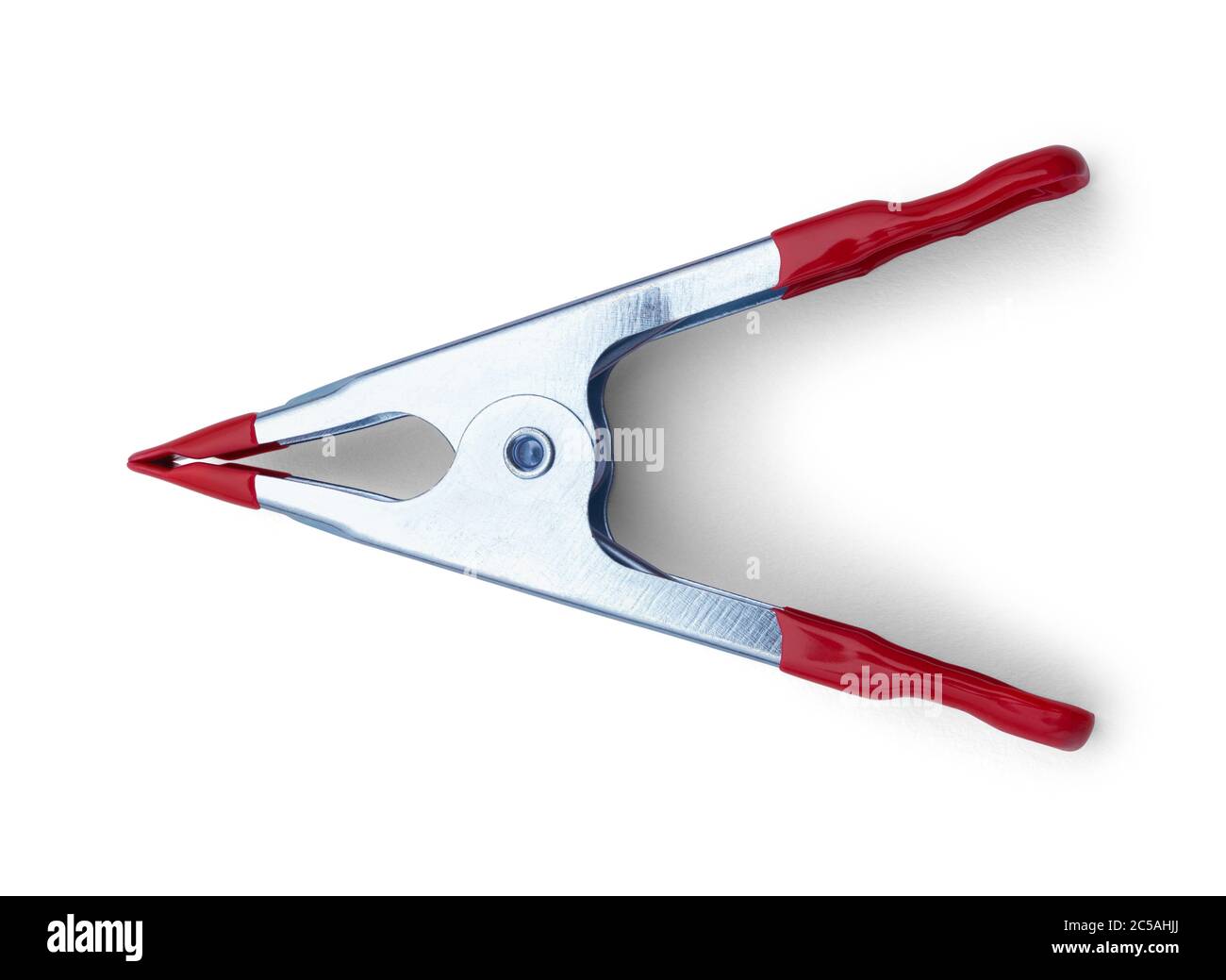 Morsetto a molla Vista superiore isolato su sfondo bianco. Foto Stock